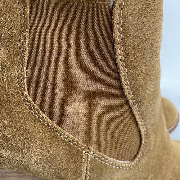 LUCKY BRAND Yamka Tan Suede Wedge Chelsea Stacked Heel Bootie Shoes Size 8 - Picture 7 of 13